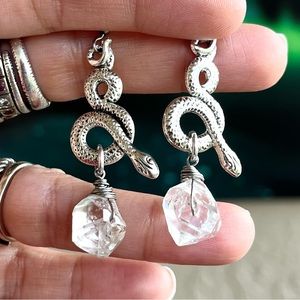 Herkimer diamonds crystals silver snake charm earrings stainless steel post